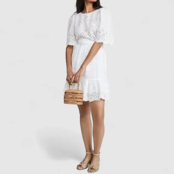 Rebecca Taylor LA VIE White Sarcelle Crossover Back Embroidery Eyelet Mini Dress