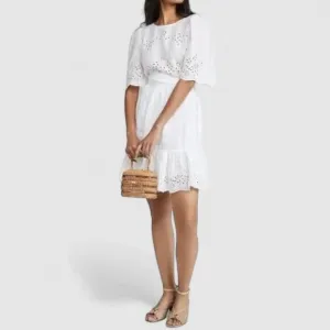 Rebecca Taylor LA VIE White Sarcelle Crossover Back Embroidery Eyelet Mini Dress