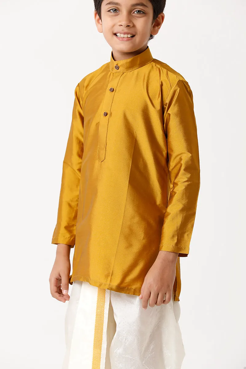 Rising Ideal - Golden Yellow Kurta and Panchakacham 2 in 1 Silk Set For Kids | Uathayam