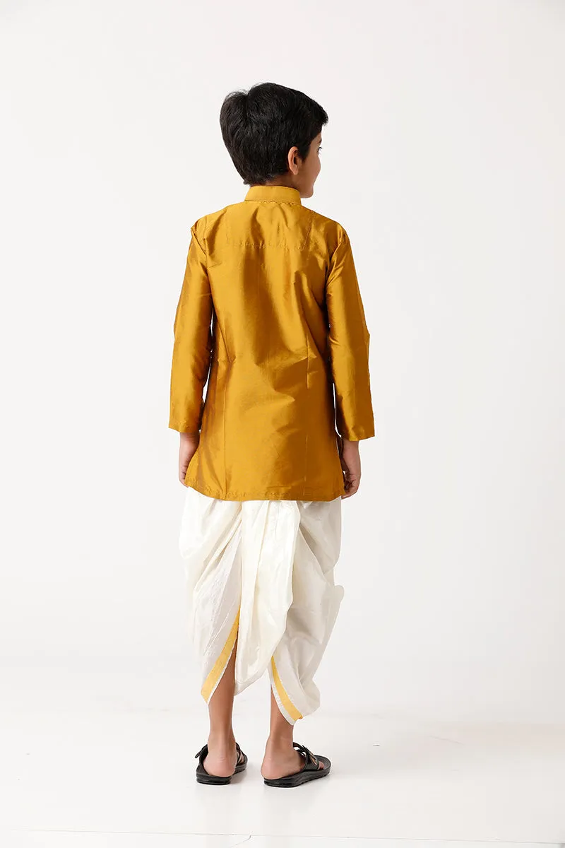 Rising Ideal - Golden Yellow Kurta and Panchakacham 2 in 1 Silk Set For Kids | Uathayam
