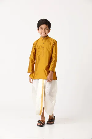 Rising Ideal - Golden Yellow Kurta and Panchakacham 2 in 1 Silk Set For Kids | Uathayam