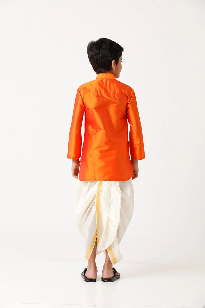 Rising Ideal - Orange Kurta and Panchakacham 2 in 1 Silk Set For Kids | Uathayam