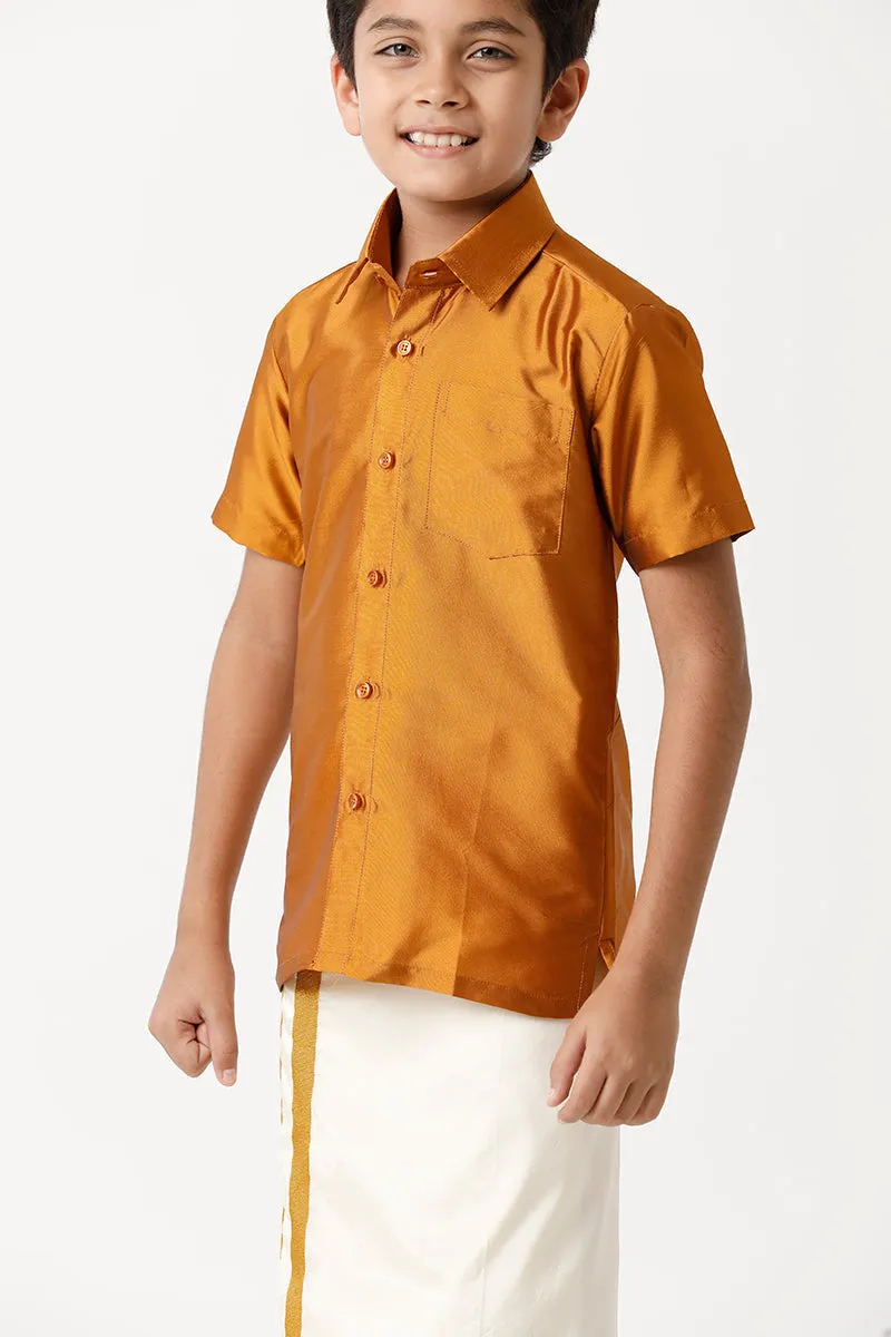 Rising Star - Mustard Yellow Matching Fixit Dhoti and Shirt 2 in 1 Set For Kids | Uathayam