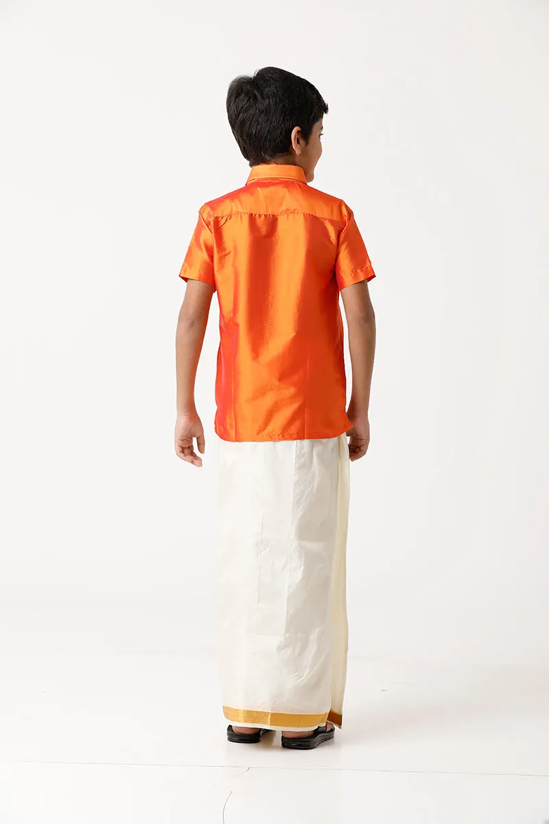 Rising Star - Orange Matching Fixit Dhoti and Shirt 3 in 1 Set For Kids | Uathayam