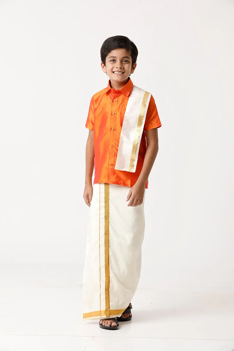 Rising Star - Orange Matching Fixit Dhoti and Shirt 3 in 1 Set For Kids | Uathayam