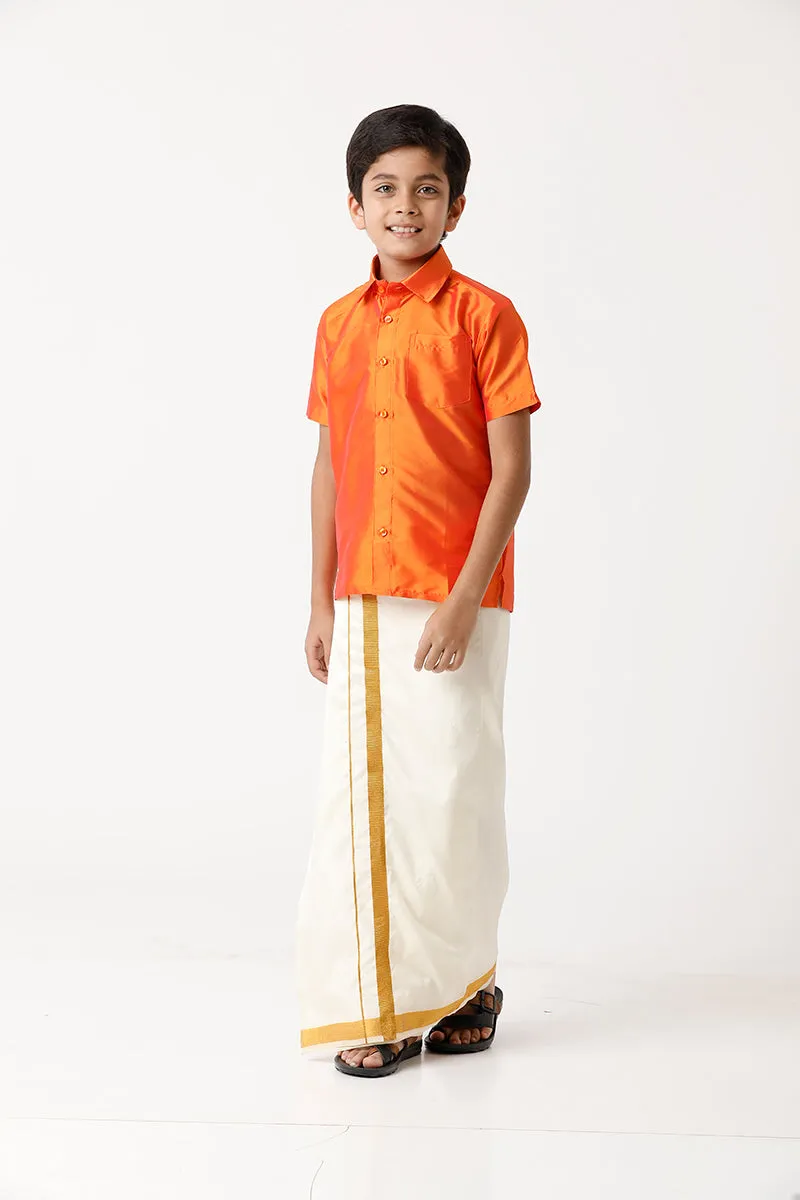 Rising Star - Orange Matching Fixit Dhoti and Shirt 3 in 1 Set For Kids | Uathayam