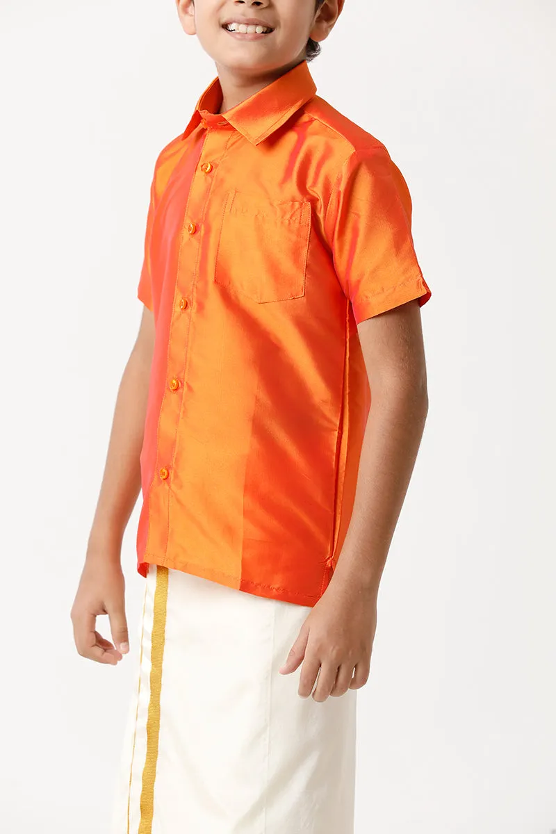 Rising Star - Orange Matching Fixit Dhoti and Shirt 3 in 1 Set For Kids | Uathayam