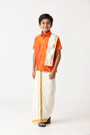 Rising Star - Orange Matching Fixit Dhoti and Shirt 3 in 1 Set For Kids | Uathayam