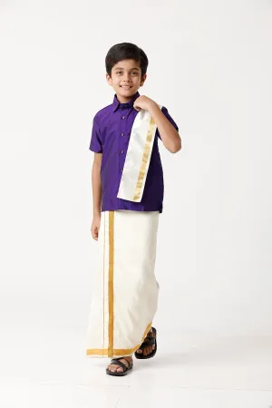 Rising Star - Violet Matching Fixit Dhoti and Shirt 3 in 1 Set For Kids | Uathayam