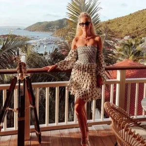 Rococo Sand Domino Polka Dot Puff Sleeve Mini Dress