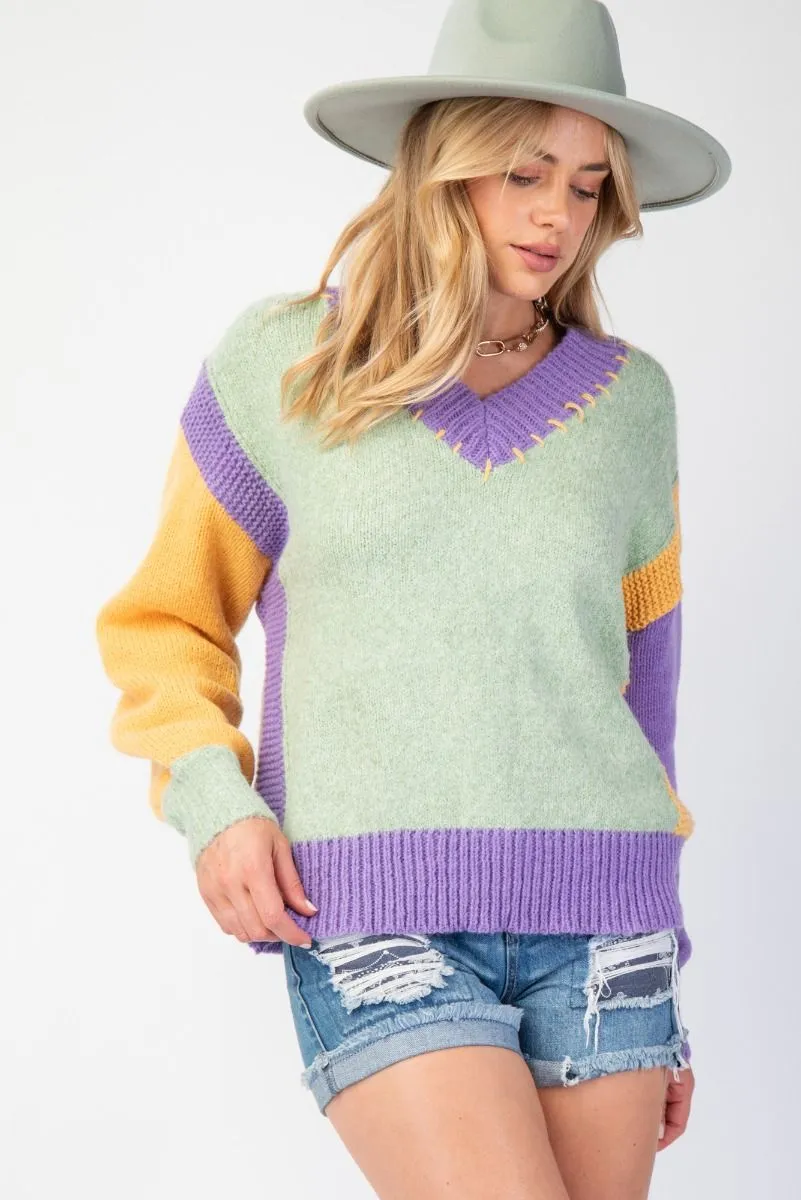 Sage Color Block Knit Sweater