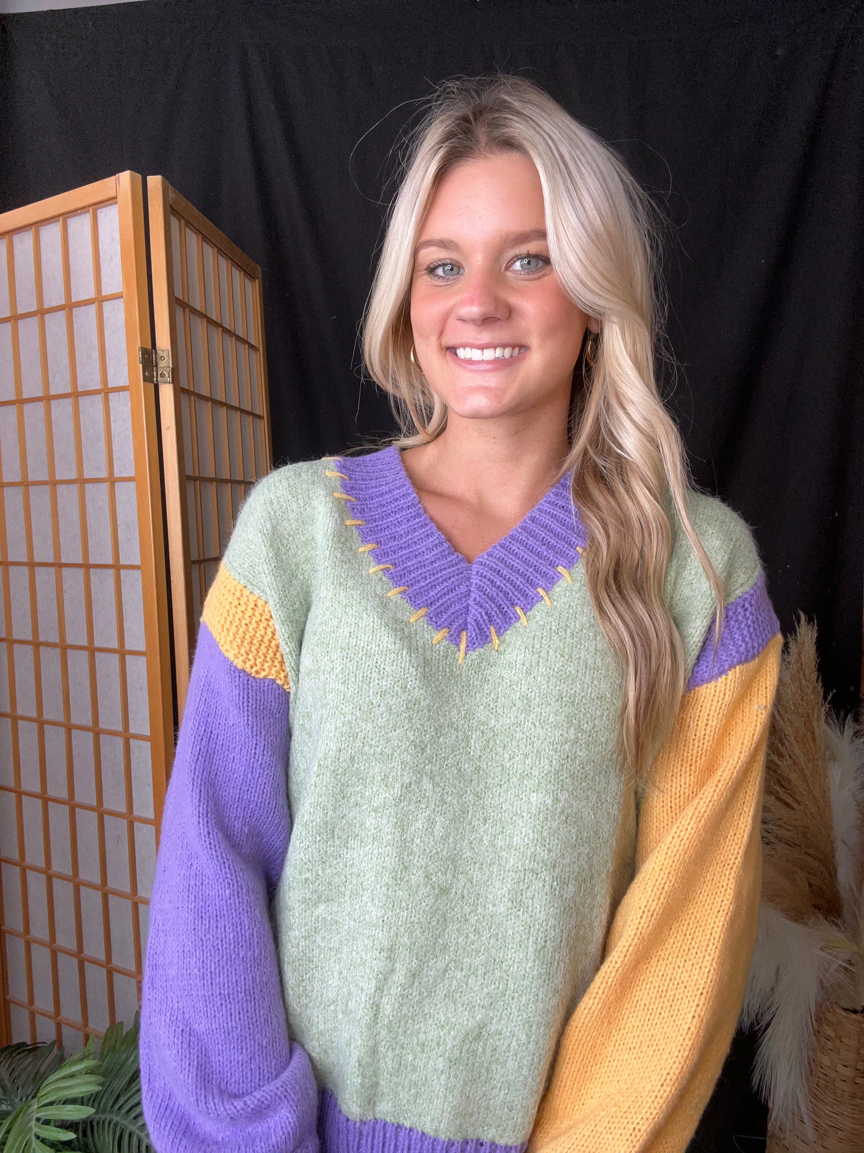 Sage Color Block Knit Sweater