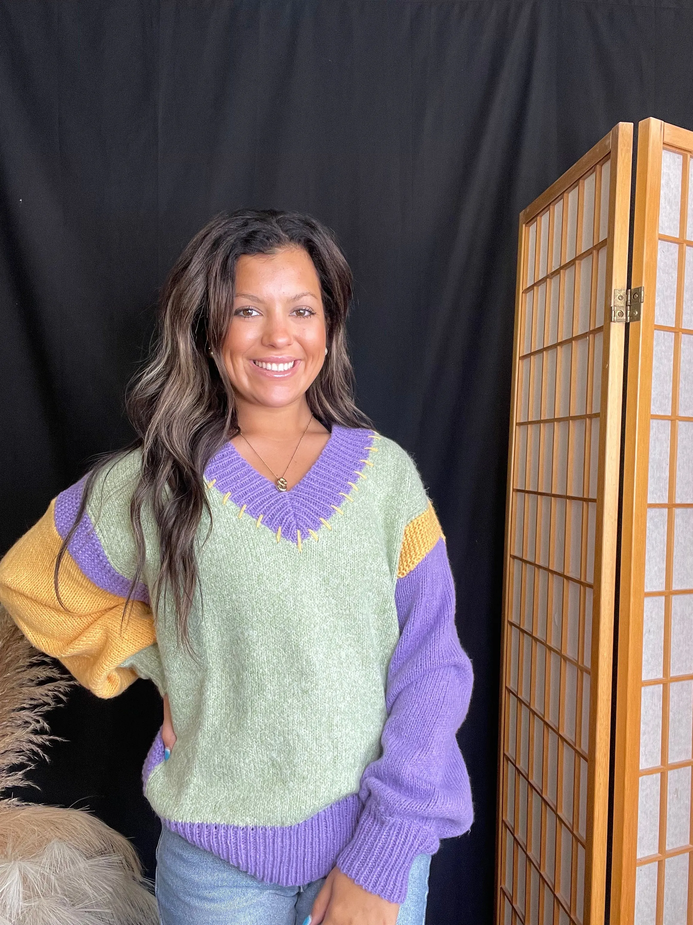 Sage Color Block Knit Sweater