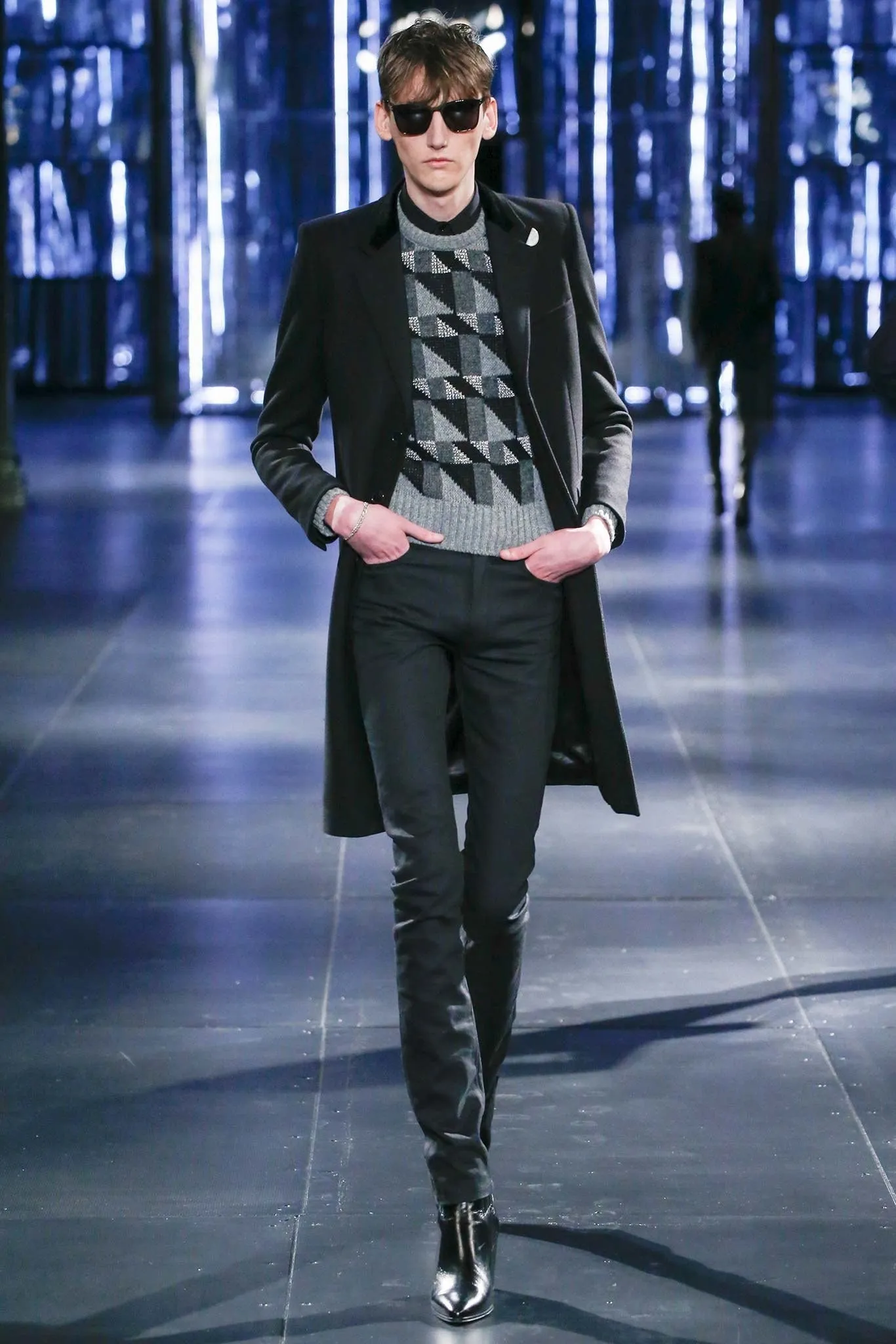 Saint Fall 2015 Laurent Grey Black & Silver Geometric Knit Sweater - XS