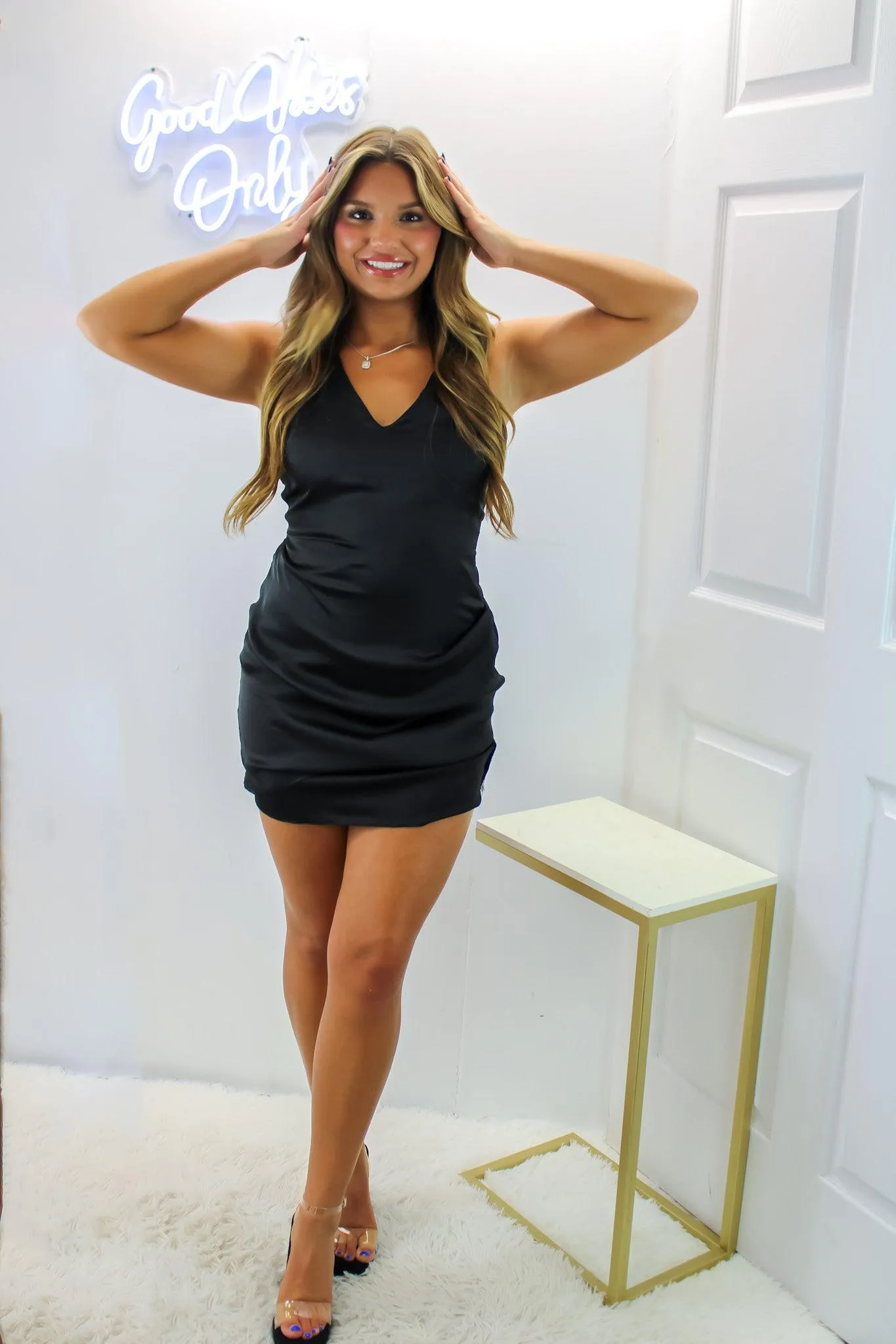 Satin T Strap Mini Dress