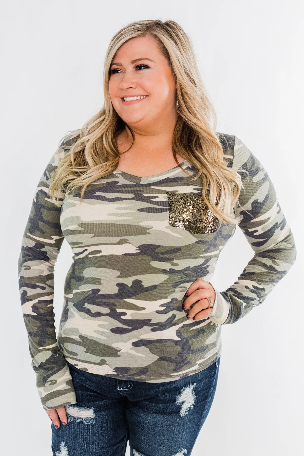 Sequin Pocket Long Sleeve Top- Camo