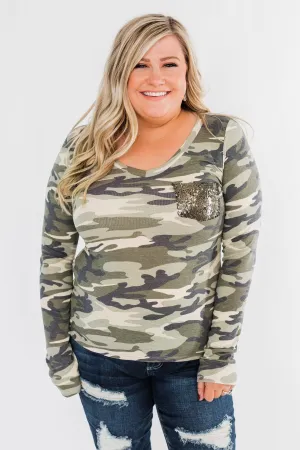 Sequin Pocket Long Sleeve Top- Camo