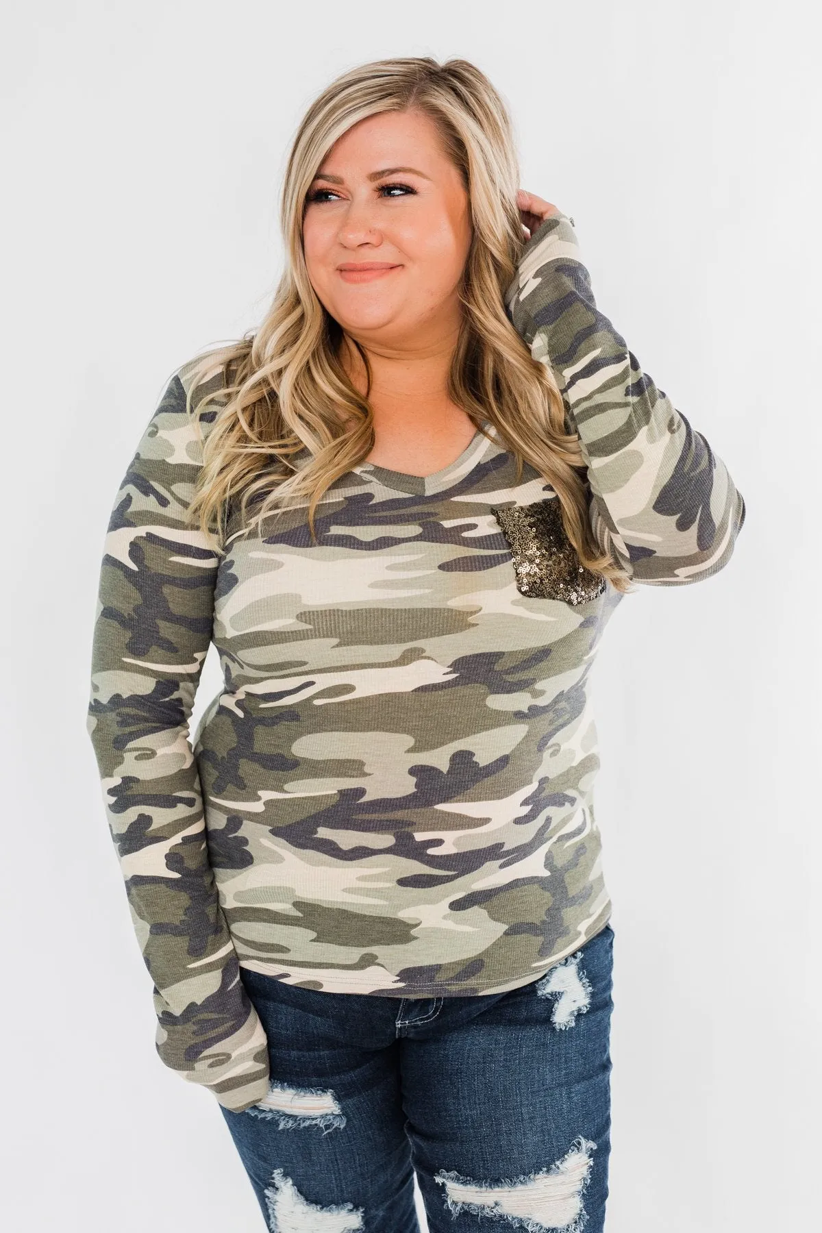 Sequin Pocket Long Sleeve Top- Camo