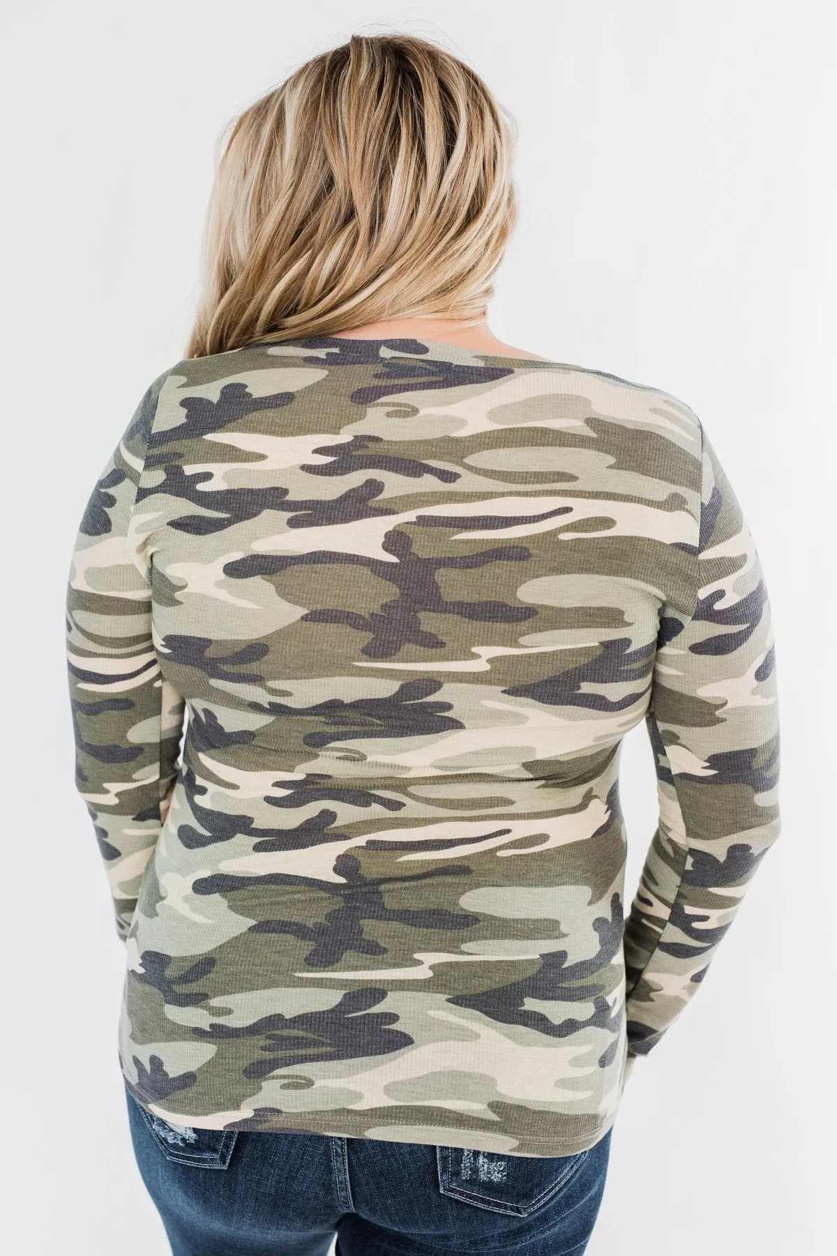 Sequin Pocket Long Sleeve Top- Camo