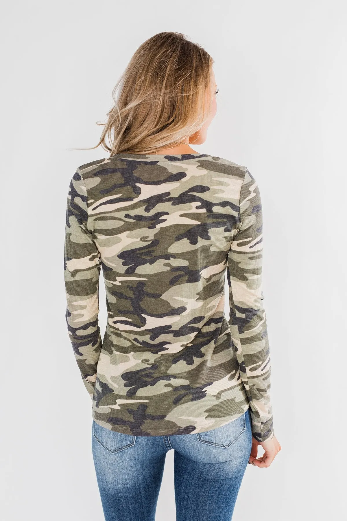 Sequin Pocket Long Sleeve Top- Camo