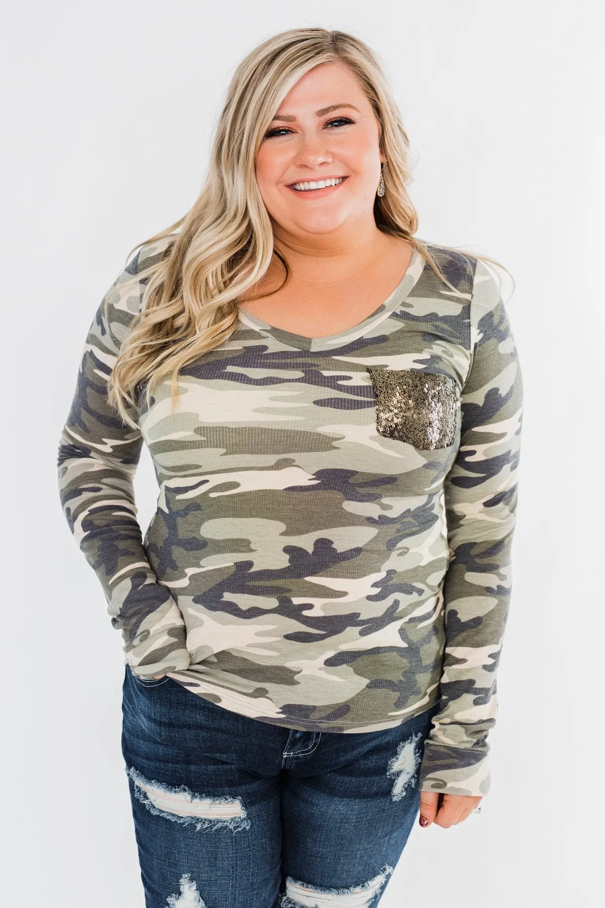 Sequin Pocket Long Sleeve Top- Camo