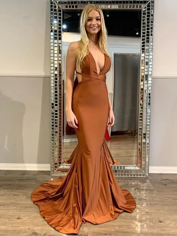 Sexy V Neck Backless Mermaid Clay Satin Long Prom, Mermaid Clay Formal, Clay Evening
