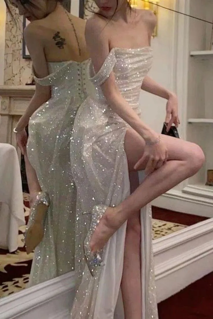 Shinny High Slit  Women Formal Evening Party Prom Gowns   fg2242