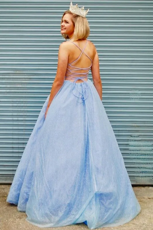 Shiny V Neck Backless Light Blue Long Prom, Open Back Light Blue Formal, Sparkly Blue Evening