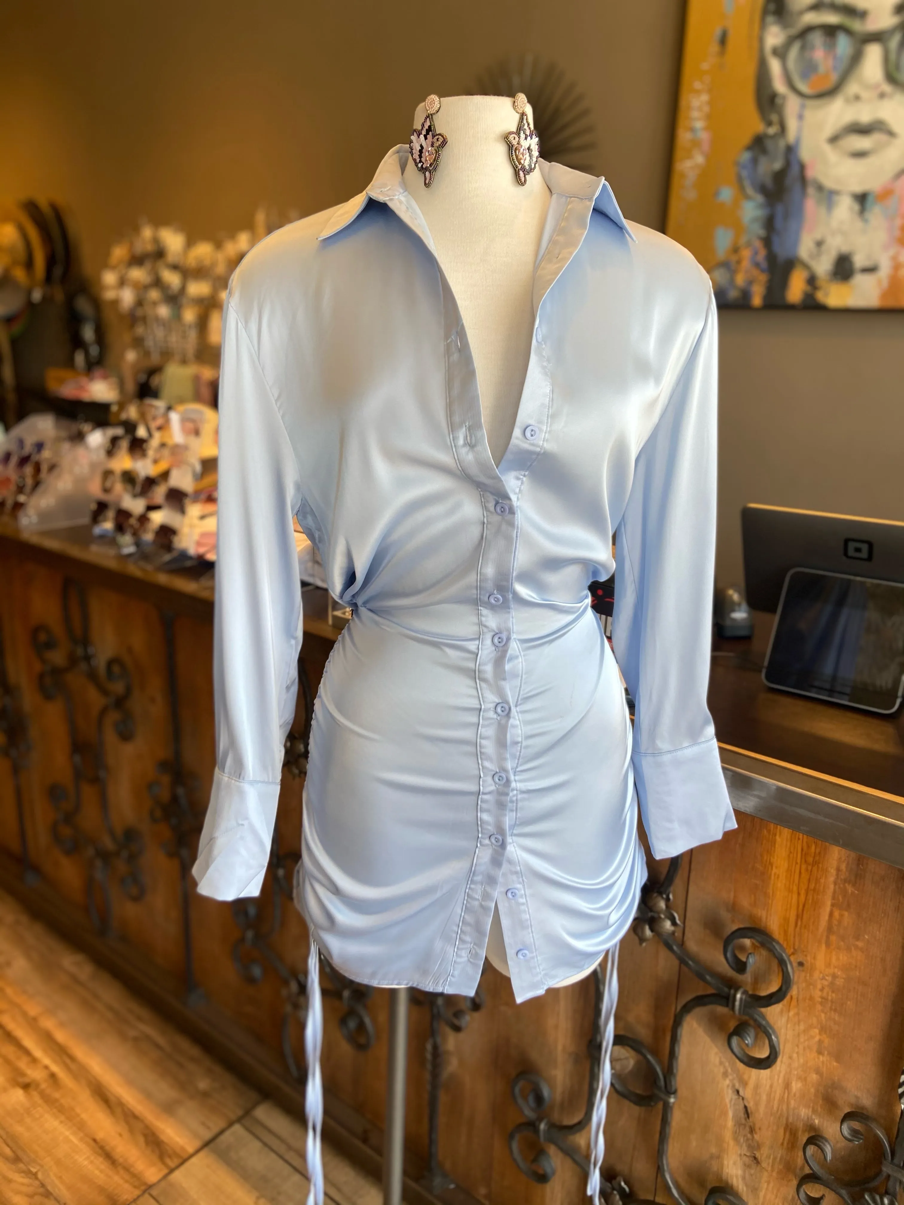 Side Drawstring Satin Shirt Dress