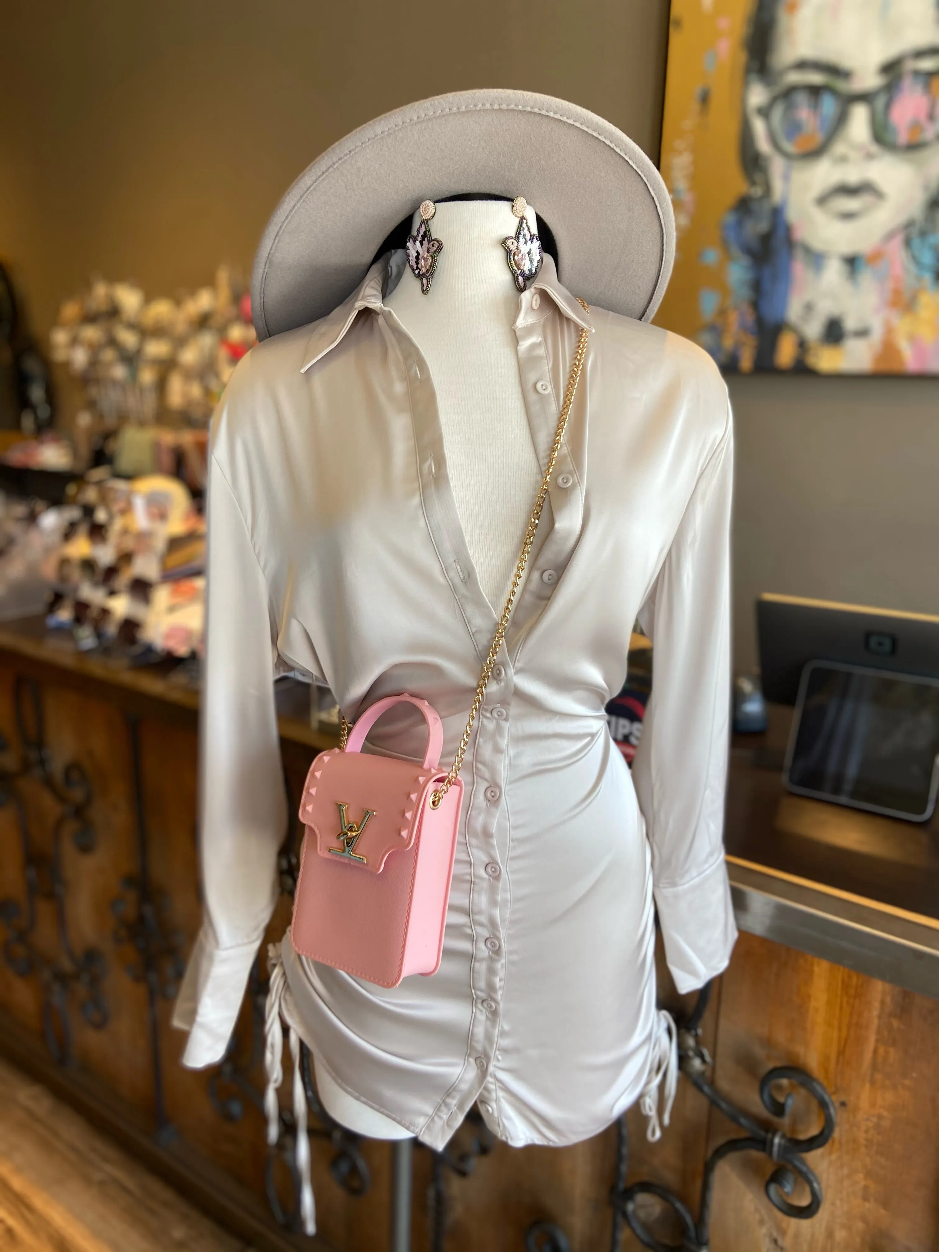 Side Drawstring Satin Shirt Dress