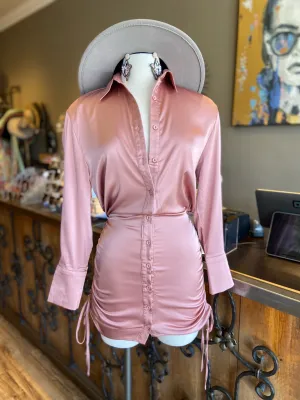 Side Drawstring Satin Shirt Dress