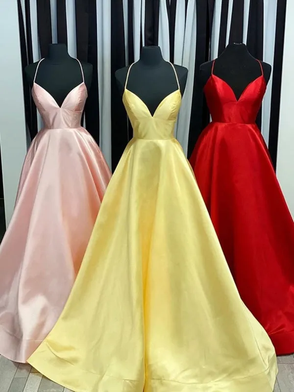 Simple A Line V Neck Backless Pink Satin Long Prom, Backless Pink Formal, Pink Evening