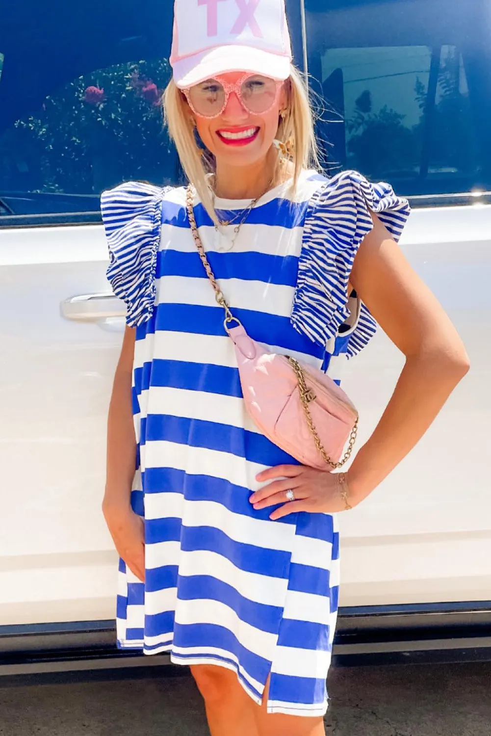 Sky Blue Stripe Contrast Ruffled Sleeve T-shirt Dress