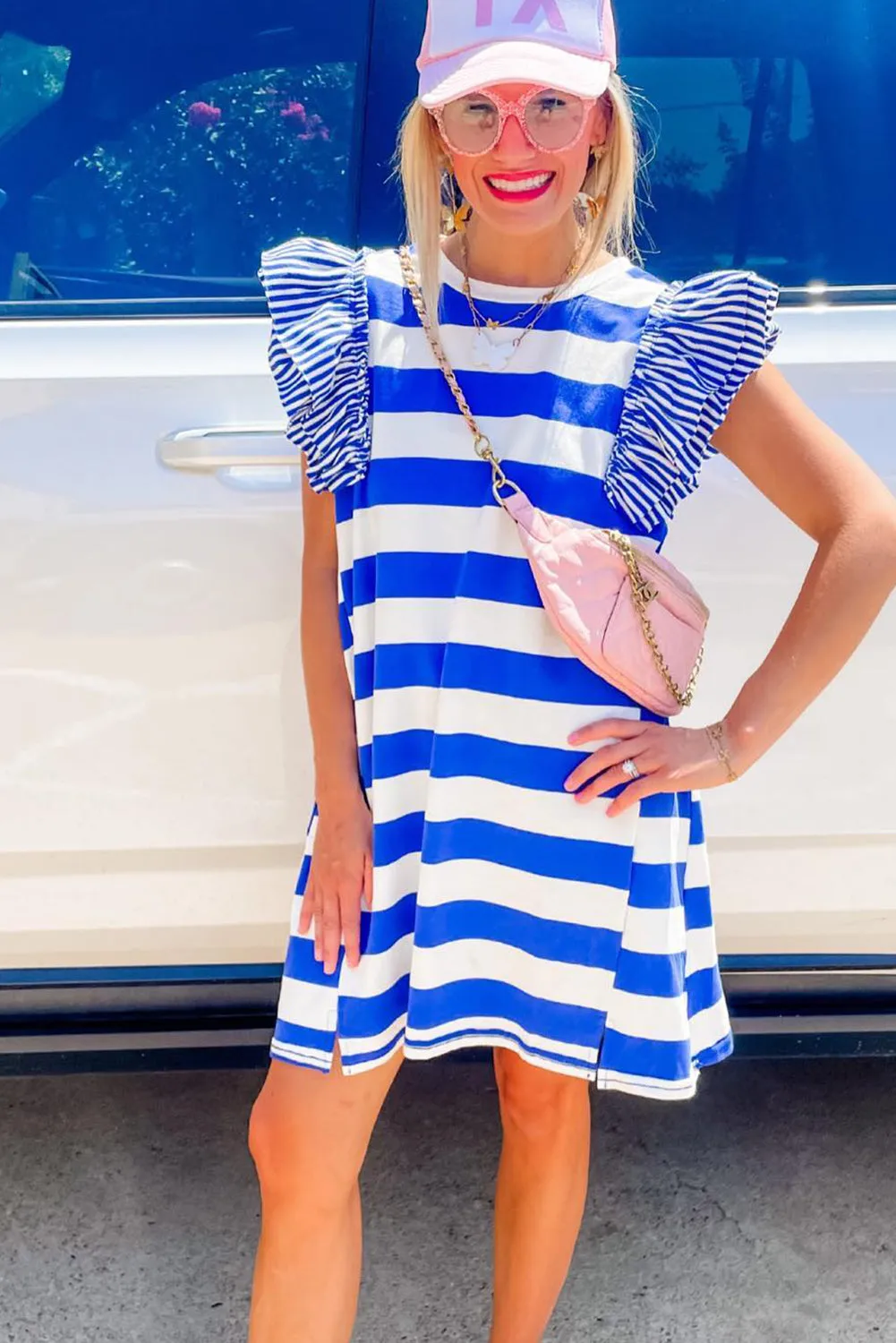Sky Blue Stripe Contrast Ruffled Sleeve T-shirt Dress