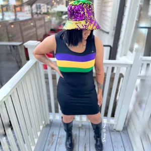 SLEEVELESS STRIPED MARDI GRAS DRESS Black Multi