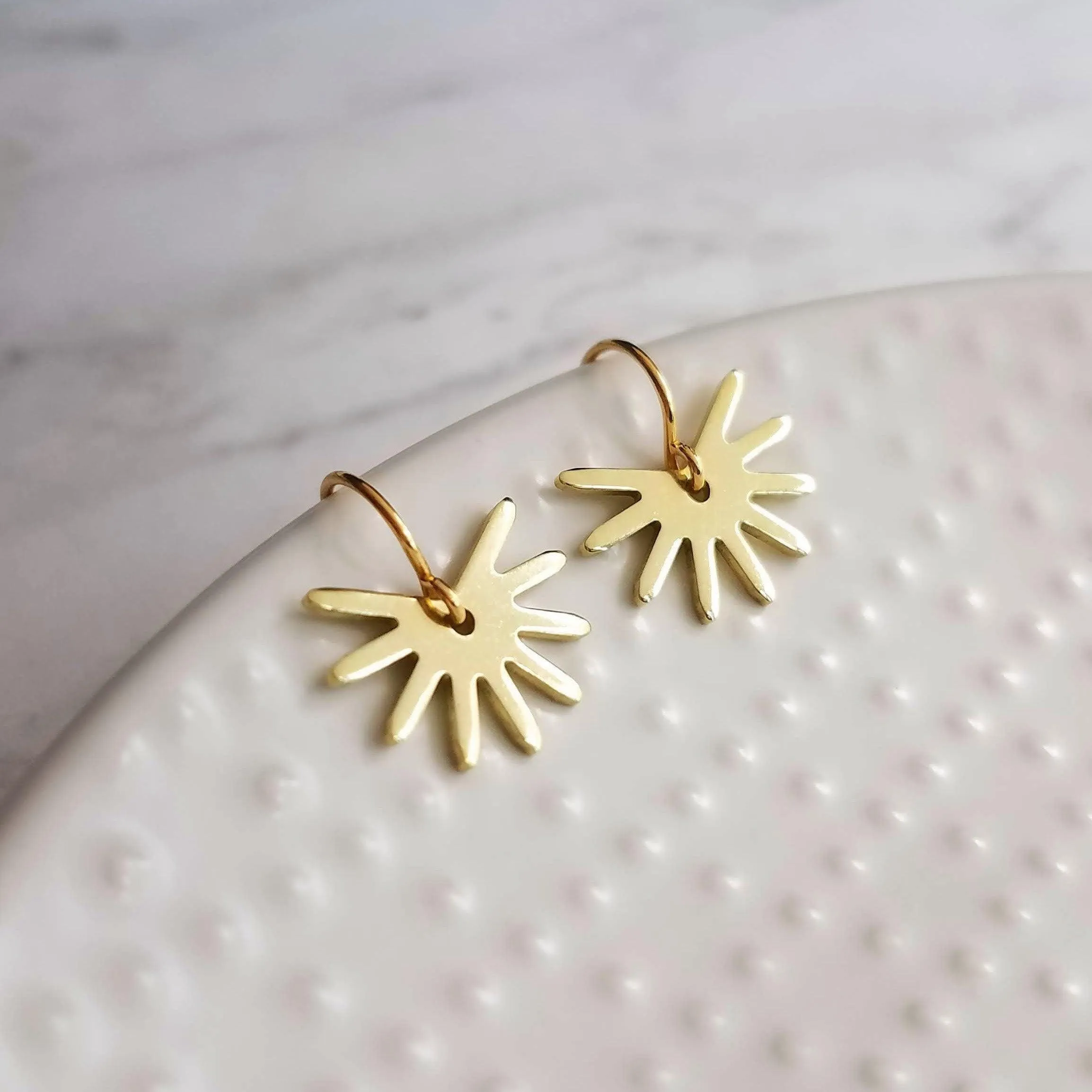 Small Gold Sun Earrings, sun ray earring, sunshine earring, little sun earring, gold gear earring, gold snowflake, sunny day earring, happy