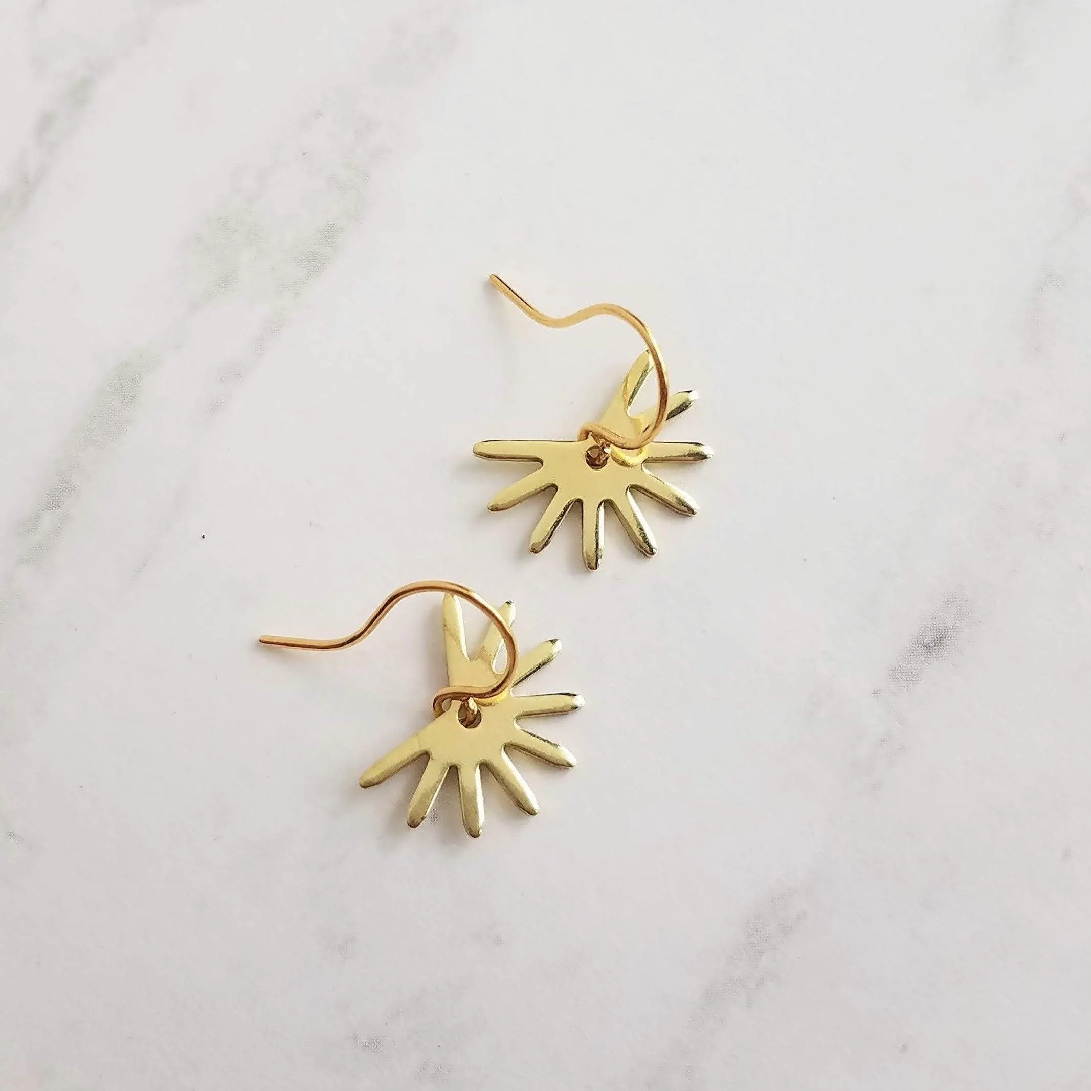 Small Gold Sun Earrings, sun ray earring, sunshine earring, little sun earring, gold gear earring, gold snowflake, sunny day earring, happy