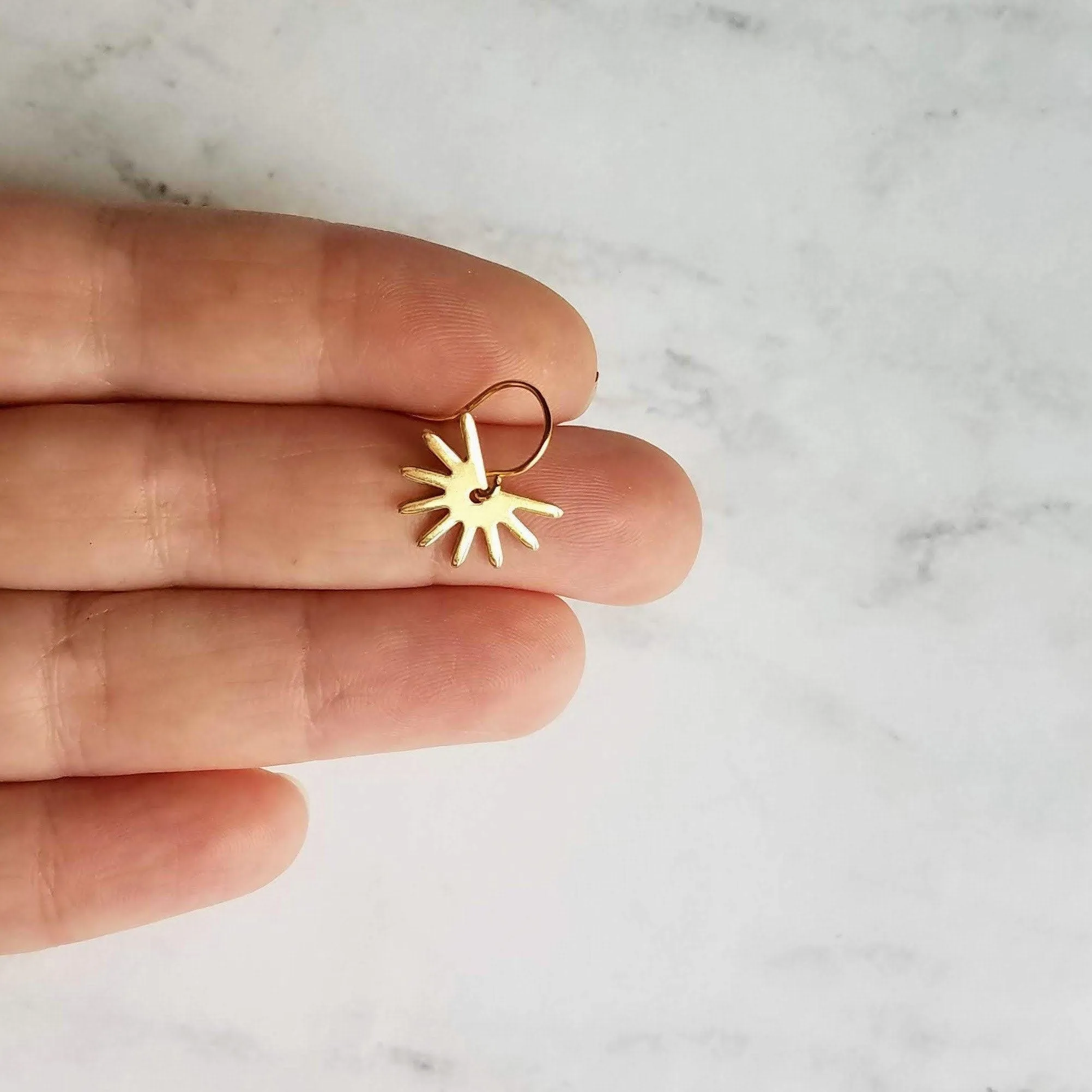 Small Gold Sun Earrings, sun ray earring, sunshine earring, little sun earring, gold gear earring, gold snowflake, sunny day earring, happy