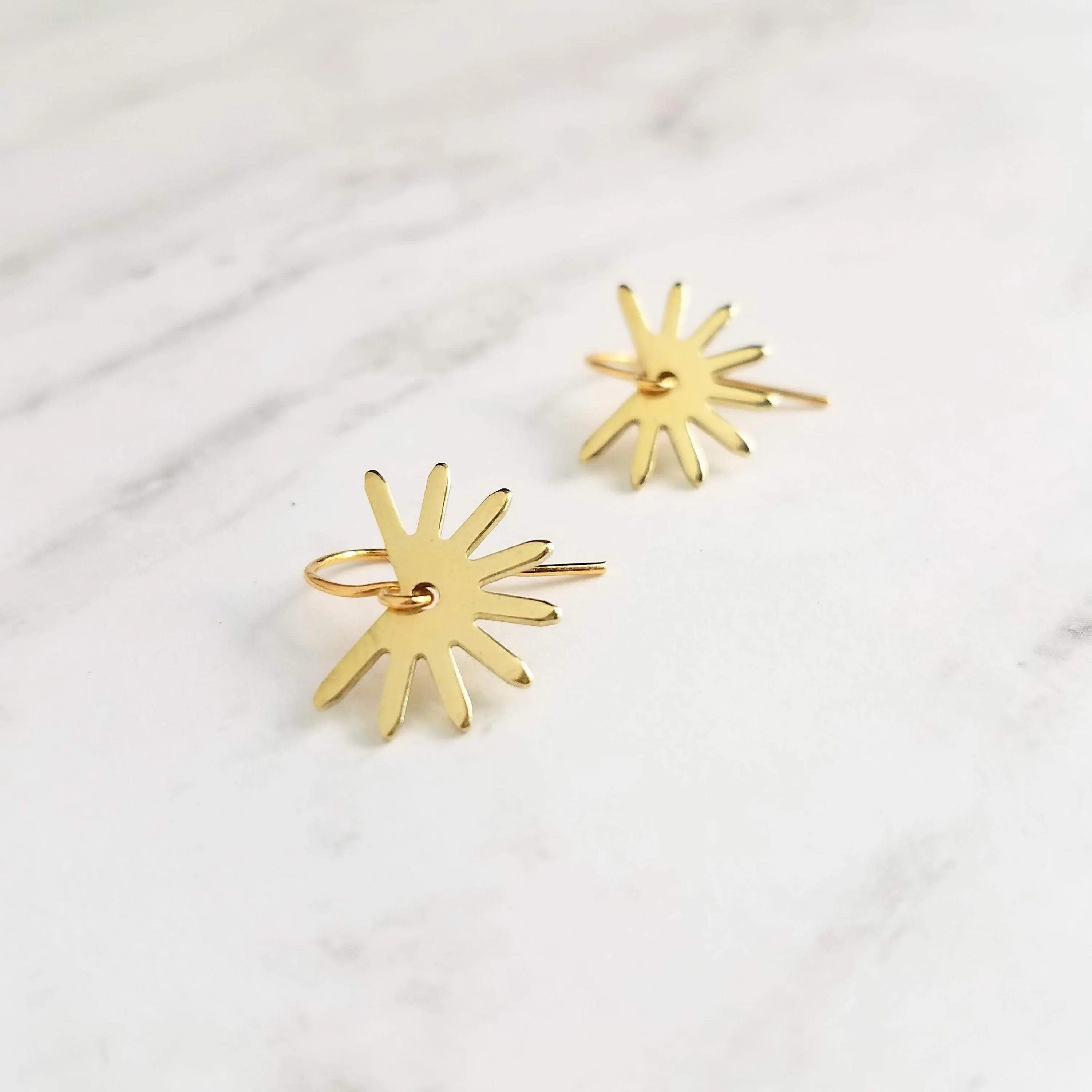 Small Gold Sun Earrings, sun ray earring, sunshine earring, little sun earring, gold gear earring, gold snowflake, sunny day earring, happy