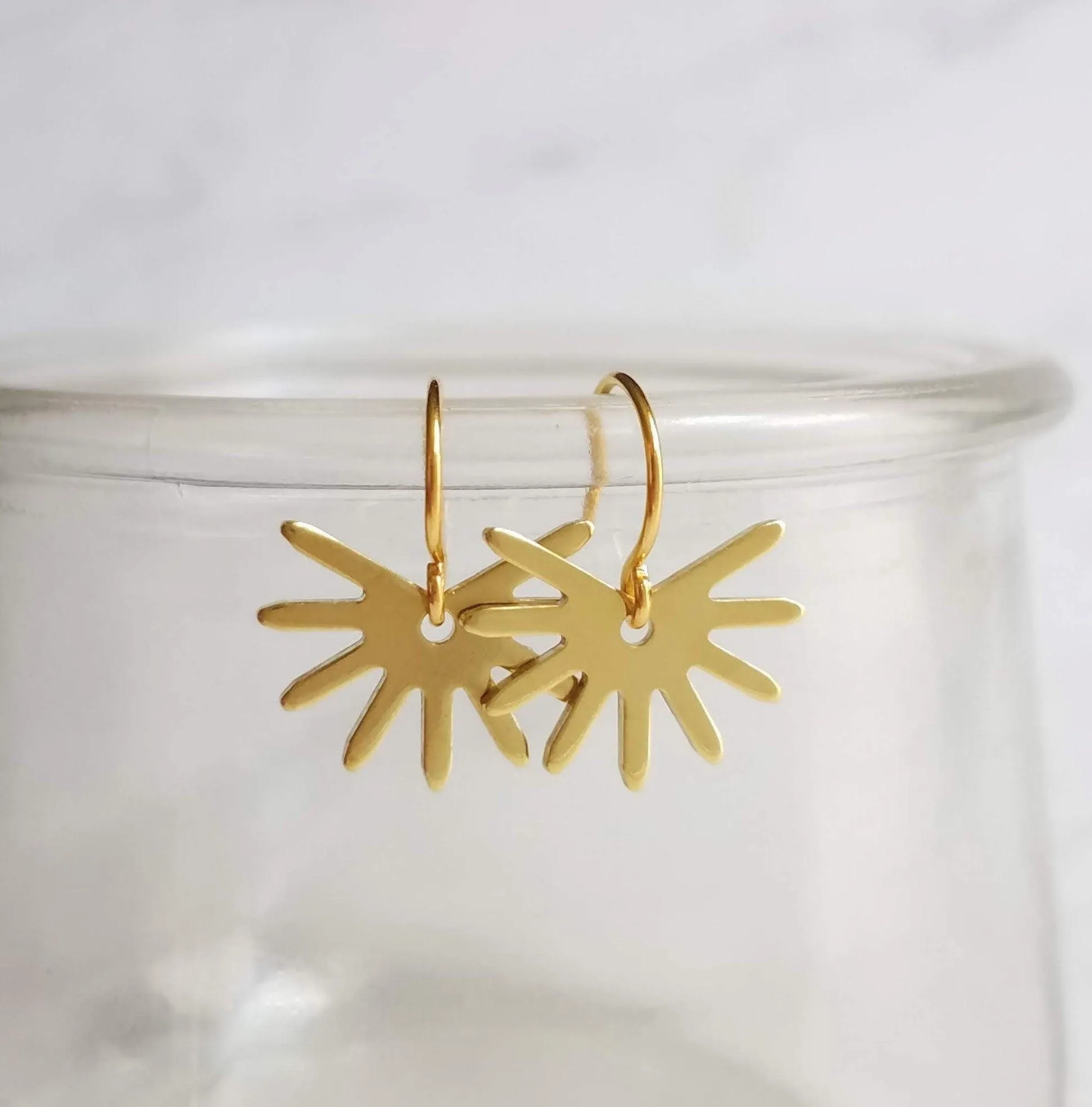 Small Gold Sun Earrings, sun ray earring, sunshine earring, little sun earring, gold gear earring, gold snowflake, sunny day earring, happy