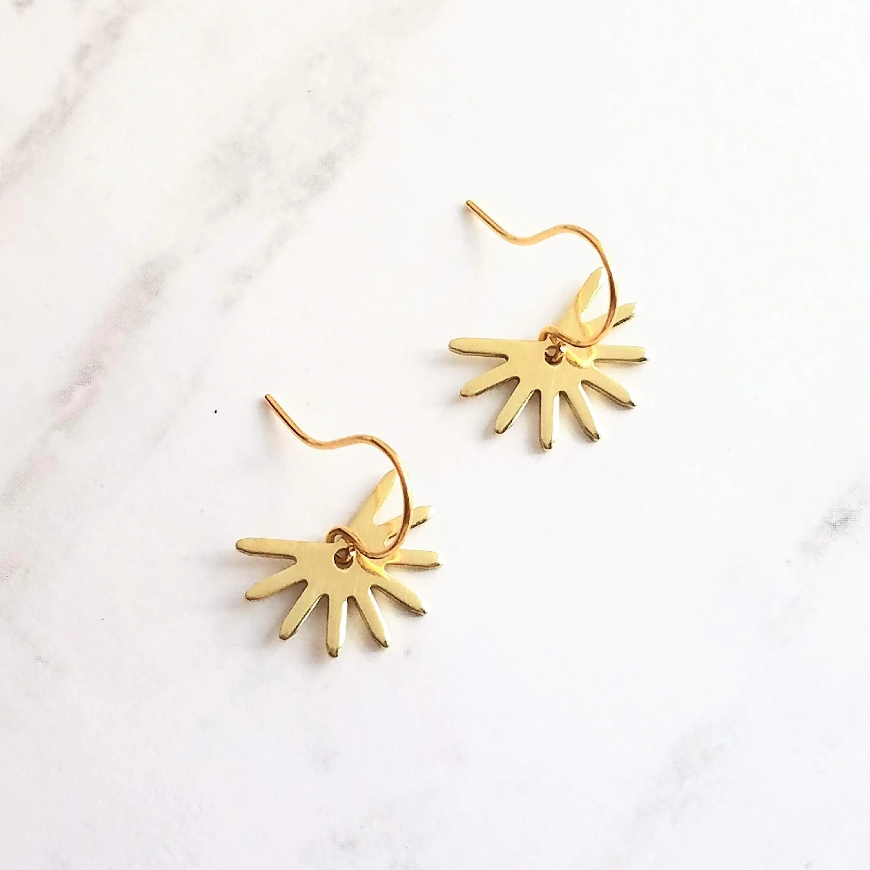 Small Gold Sun Earrings, sun ray earring, sunshine earring, little sun earring, gold gear earring, gold snowflake, sunny day earring, happy