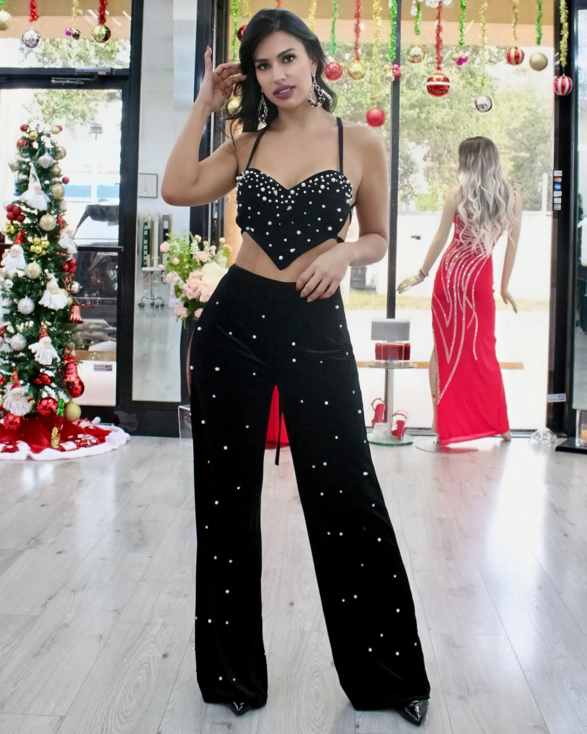 So Sweet Of You Dear Velvet Pearls Adorned Pant Set Black