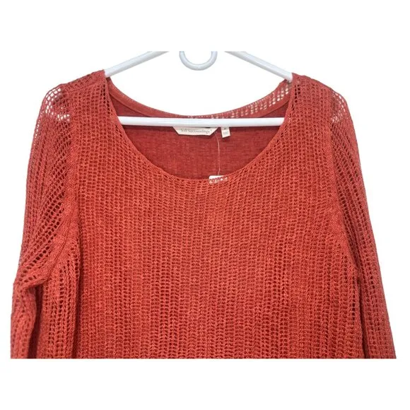 Soft Surroundings Open Knit Sweater Tunic Women Medium Orange Long Lined Crochet
