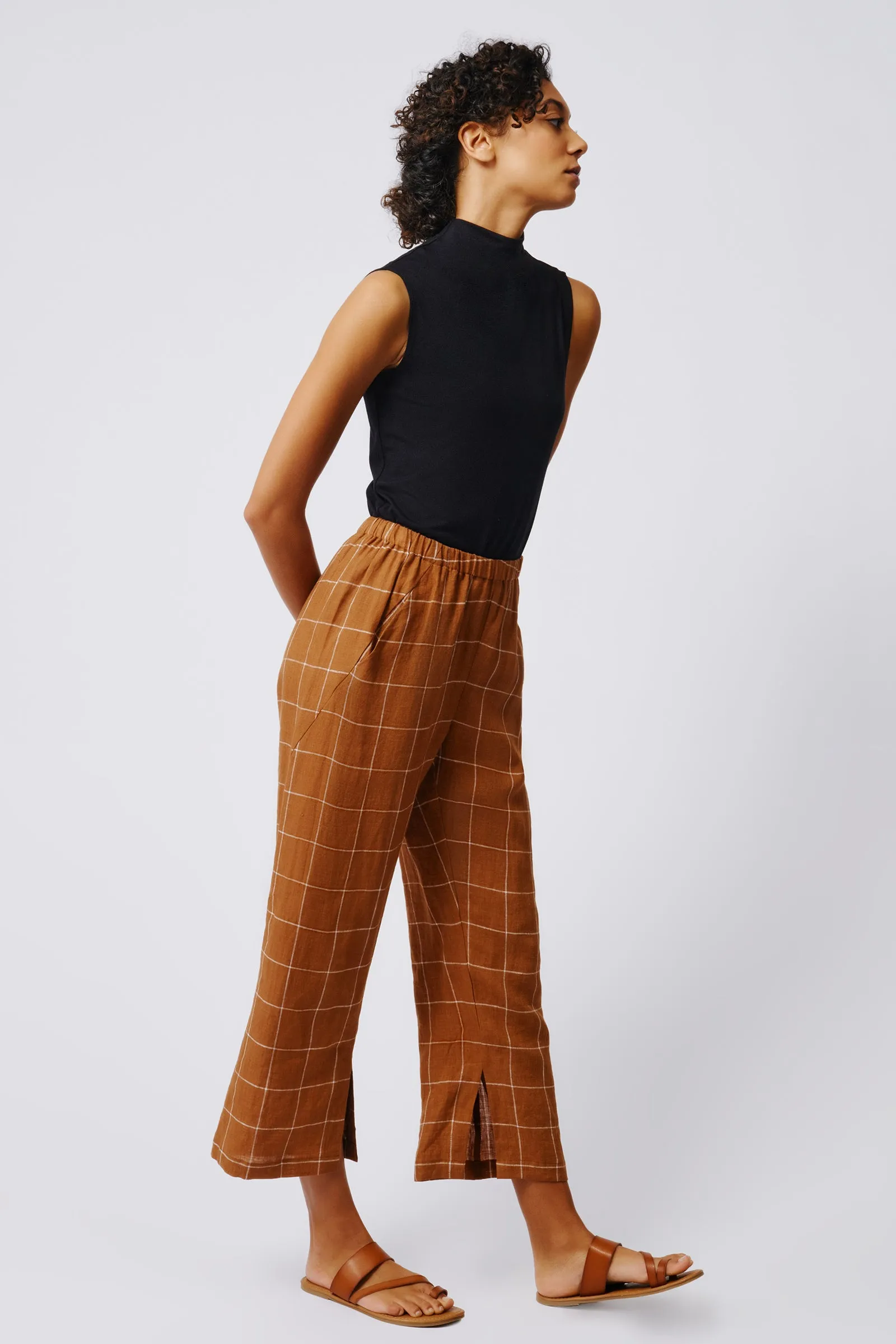 Split Hem Capri - Rust Windowpane