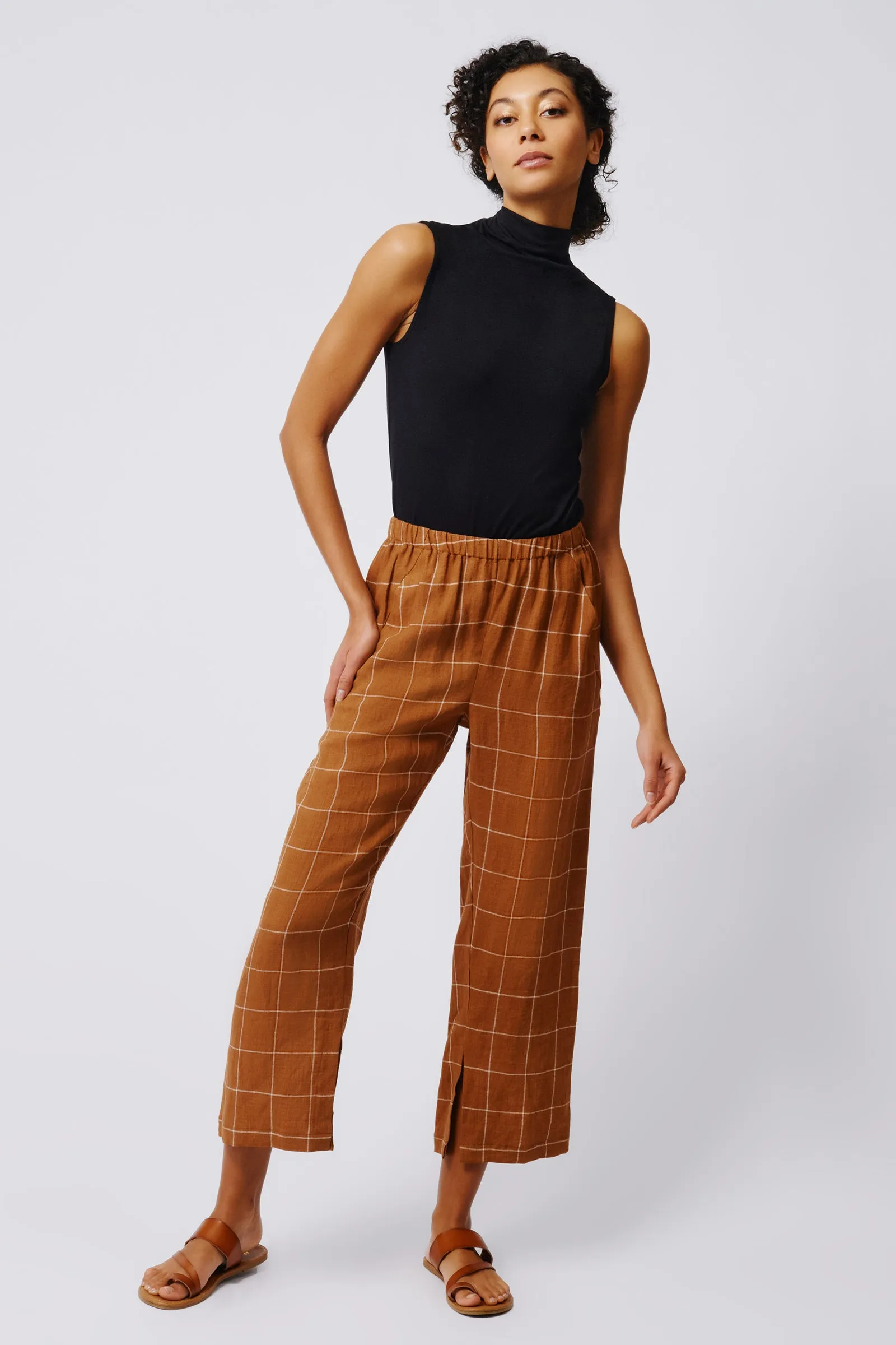 Split Hem Capri - Rust Windowpane