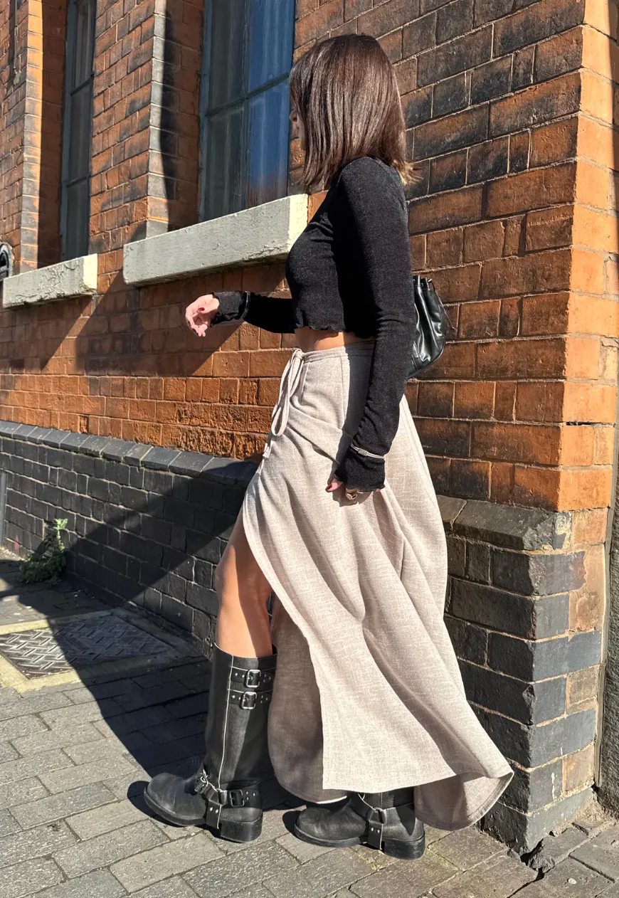 STONE WOVEN MAXI WRAP SKIRT