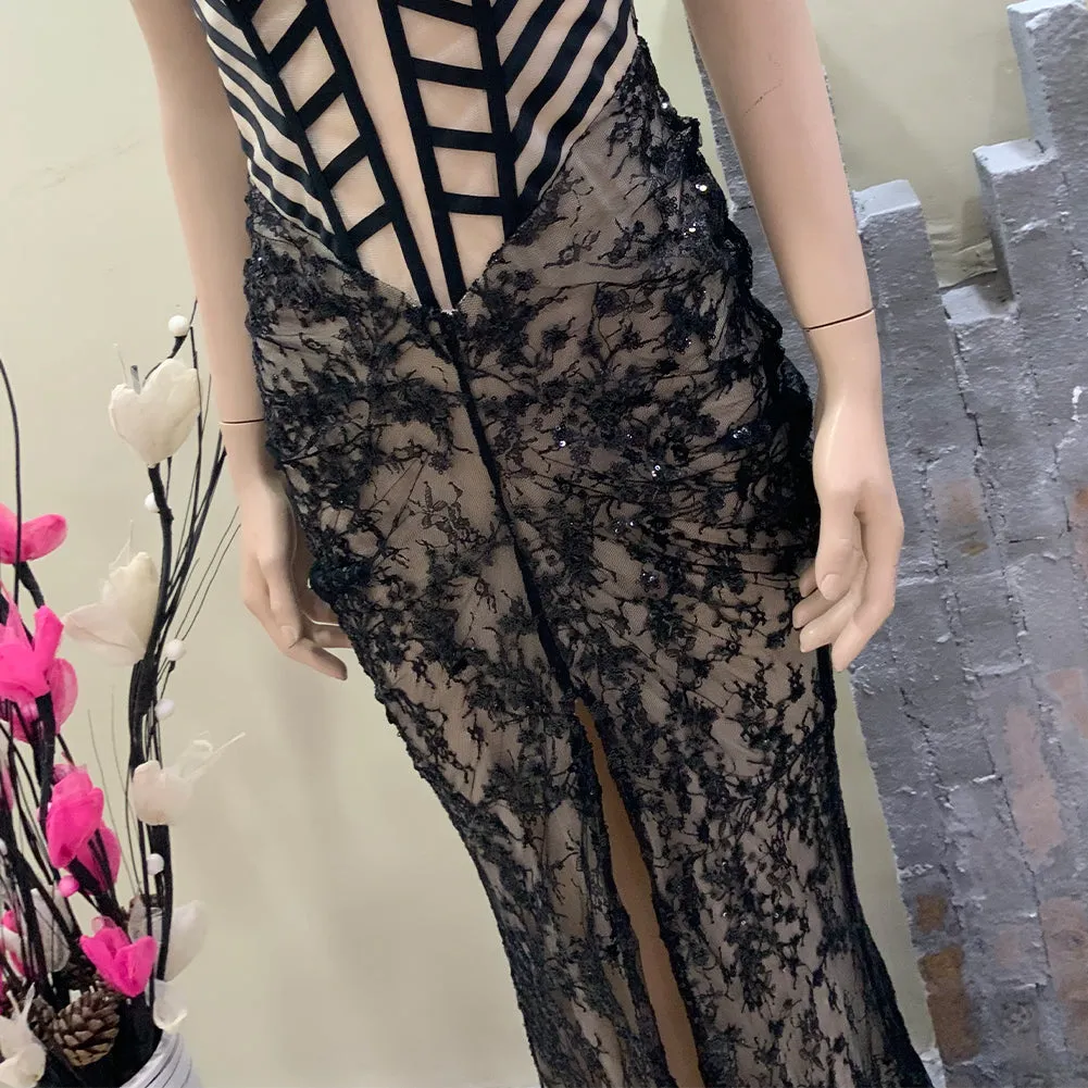 Strapless Sleeveless Lace Maxi Bodycon Dress HT1089