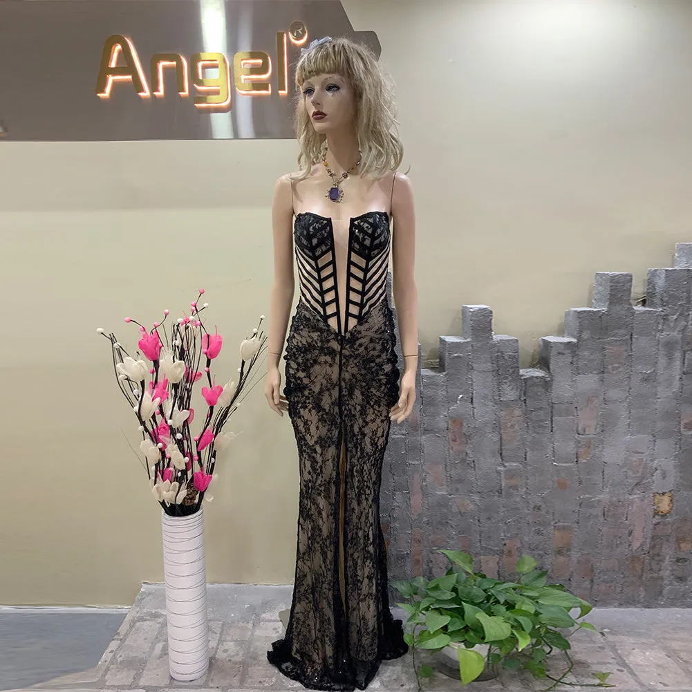 Strapless Sleeveless Lace Maxi Bodycon Dress HT1089