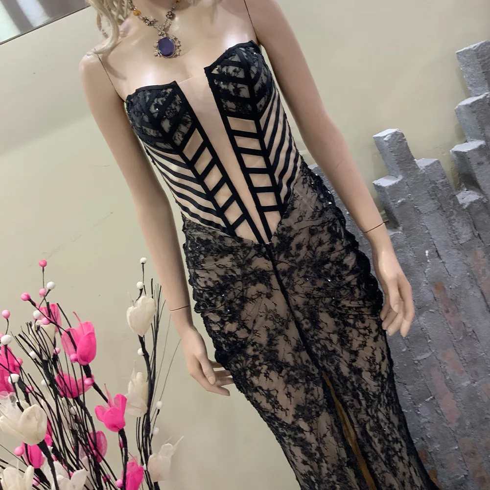 Strapless Sleeveless Lace Maxi Bodycon Dress HT1089