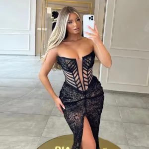 Strapless Sleeveless Lace Maxi Bodycon Dress HT1089